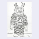 Pencil sketch of a monster with antlers, wearing a full knit outfit.