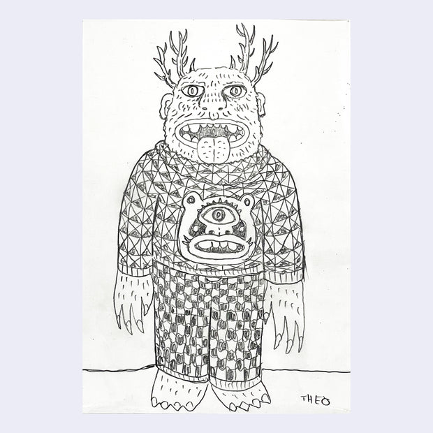 Pencil sketch of a monster with antlers, wearing a full knit outfit.