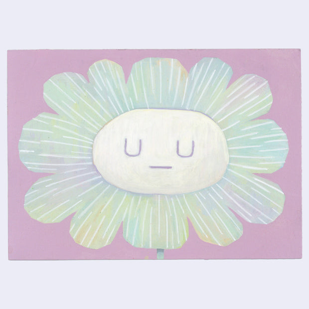Painting of a flower with a calm, closed eye facial expression.