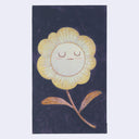 Illustration of a flower with a calm, closed eye expression against a dark background.