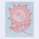 Illustration of a pink sunflower with a sun face on a light blue background