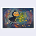 Illustration of a character with large eyes and a dress with a hood and pointed horns. She holds a small, glowing green alien. Background is a dark purplish red space setting.