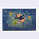 Illustration of a character with large eyes and a dress with a hood and pointed horns. She reaches her arms out, as if laying on her back next to a small green glowing alien. Background is a dark purplish blue space setting.