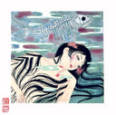 Illustration of a woman laying down in a body of water with her long hair covering most of her nude body. She looks solemnly to the side and a fish skeleton floats over her.