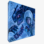 Painting of a person in a futuristic outfit holding an elaborate gas mask with a dragon-like creature in the background