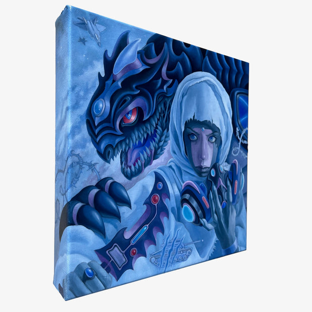 Painting of a person in a futuristic outfit holding an elaborate gas mask with a dragon-like creature in the background