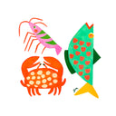 A colorful watercolor-style illustration of three sea life creatures: a pink shrimp, an orange crab, and a green fish with red scales, arranged on a plain white background.
