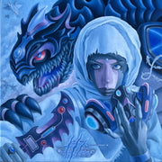 Painting of a person in a futuristic outfit holding an elaborate gas mask with a dragon-like creature in the background