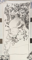 Black and white illustration of a creature with a face on a tiled wall.