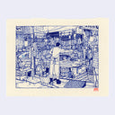 A blue ink sketch of a market stall scene  of a meat market with a person standing inside, set on a cream paper background with a light gray outer backdrop.