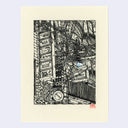 A black ink illustration on cream paper depicting a dense urban street scene with signs, wires, and architectural details. A small red artist seal is visible in the lower right corner of the print.