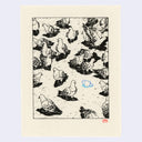 A black ink illustration of numerous pigeons on an off-white textured paper background, with a small light blue bird and a red artist signature.
