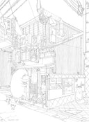 Graphite illustration of a Japanese restaurant exterior, with a creature walking in under the fabric entrance, holding a small tomato in one of its arms. 