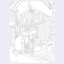 Graphite illustration of a Japanese restaurant exterior, with a creature walking in under the fabric entrance, holding a small tomato in one of its arms.  