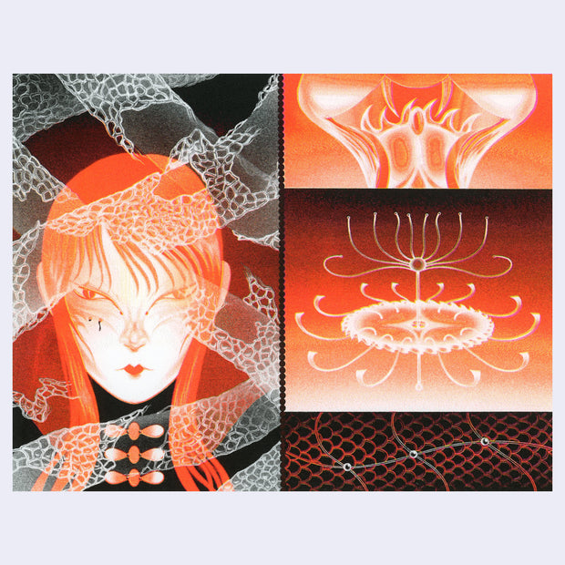 Orange and black print, divided into 4 quadrants: 3 of similar size and 1 larger. A woman looks seriously behind see through ribbons. The other sections feature abstract shapes.