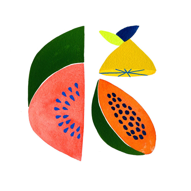 Illustration of a watermelon, papaya and lemon, all cut in half to reveal a cross section.