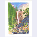 A watercolor landscape painting depicting Vernal Falls, featuring green trees, rocky cliffs, and a waterfall under a blue sky, presented on a white background with a light gray outer border.
