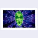 Green-skinned character with a purple and blue abstract background