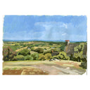 A watercolor landscape painting depicting rolling green and yellow fields under a bright blue sky, with a small house visible on the right side.