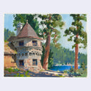 A watercolor painting of a rustic stone cottage with a conical roof, surrounded by tall trees and a blue lake, shown on a light gray background.
