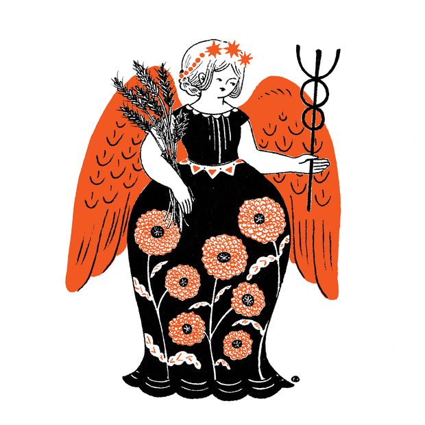 Sticker of a woman with a fluted dress with orange flowers on it. She has wings and holds a staff.