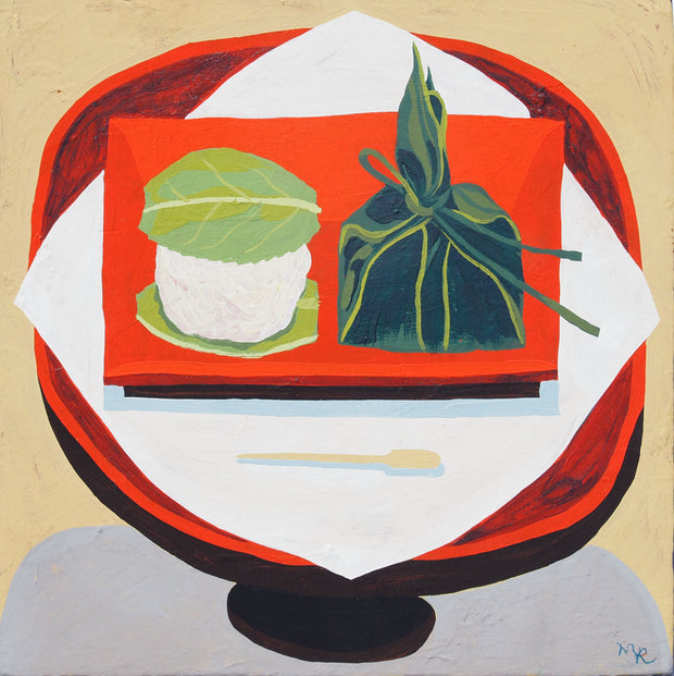 Painting of a red platter with 2 pieces of food on it, one a rice or mochi ball between leaves and the other wrapped in leaf packaging. It sits on a white napkin in a red bowl.