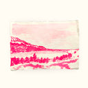 Pink ink drawing on paper of a lake landscape.