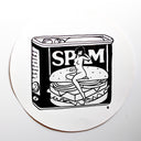 Black ink illustration of a spam can, with a nude woman sitting atop the sandwich on the product packaging. Piece is on a white circular sheet of paper.