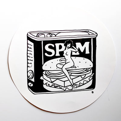Black ink illustration of a spam can, with a nude woman sitting atop the sandwich on the product packaging. Piece is on a white circular sheet of paper.
