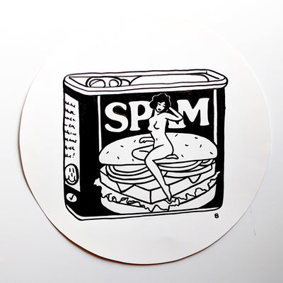 Black ink illustration of a spam can, with a nude woman sitting atop the sandwich on the product packaging. Piece is on a white circular sheet of paper.