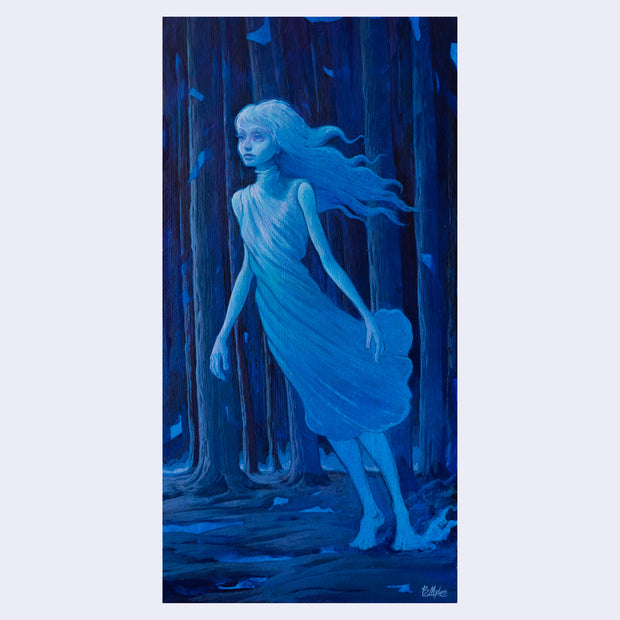 Blue monochromatic painting of a woman standing in the forest, leaning forward as though about the fall. Her hair blows in the wind as does her dress.