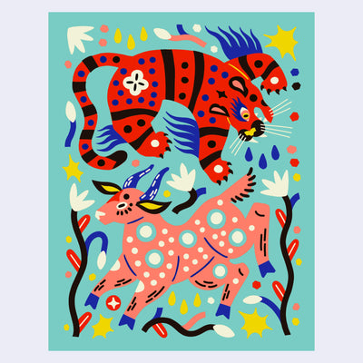 Flat color illustration of a tiger and a deer, one atop of the other with very bright colors and artistic elements akin to folk art.
