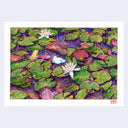 A watercolor painting depicting a pond scene with green lily pads, white water lilies, and a small blue bird, presented on a light gray background.