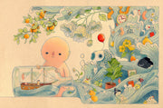Illustration of a small tan character with a ship in a bottle. Stylistic water waves pour out the bottle, as though the ship is at sea, and all around the waves are various objects such as household items, plants, art supplies and nature.