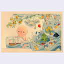 Illustration of a small tan character with a ship in a bottle. Stylistic water waves pour out the bottle, as though the ship is at sea, and all around the waves are various objects such as household items, plants, art supplies and nature.