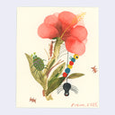 Watercolor illustration on cream colored paper of a green plant with a blooming red flower. Cute cartoon bugs stands on top of or hang off of the plant.
