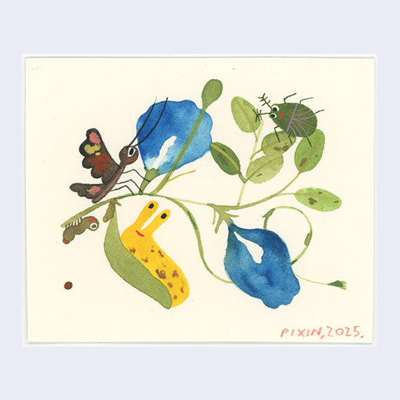 Watercolor illustration on cream colored paper of a green plant with 2 blooming blue flowers. Cute cartoon bugs stands on top of or hang off of the plant.