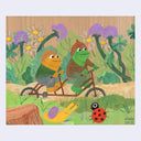 Illustration of 2 frogs (Frog and Toad) riding a tandem bicycle in a garden setting with flowers and a snail.