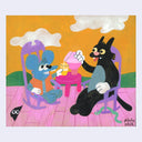 Illustration of Itchy and Scratchy from The Simpsons, sitting on a pink porch in purple rocking chairs sharing a pitcher of lemonade.