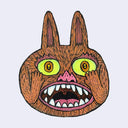 Illustration made with many lines, giving it the feel of a folk art woodcut on a die cut wood panel of a rabbit character like a werewolf with a open mouth, frightened expression and its paws on its face.