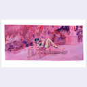Painting of a film still from What A Way to Go! of a woman in a black bikini sitting on a pink lawn chair lounging with a book in a totally pink setting.
