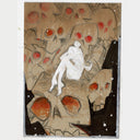 A surreal artwork featuring a white seated figure resting on large beige skulls with red eye sockets, set against a dark background with white paint splatters.