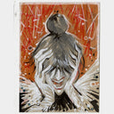 An abstract portrait artwork depicting a figure with dark hair in a bun, set against a textured orange and red background with white and black brushstrokes.