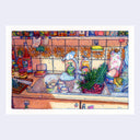 A watercolor illustration depicting a colorful, hand-drawn kitchen scene with a sink, tiled backsplash, and various household items, presented on a light gray background.