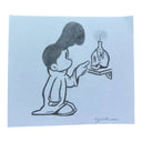 Pencil illustration of a cartoon character reaching his finger out to touch a skull with a melting candle atop of it, positioned on a shelf.