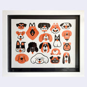 Illustration of 17 dog faces, drawn in orange, black and white. They are done in a very simple, graphic design way. They are of all different breeds and among them is a single dog butt.