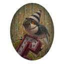 Painting on oval shaped panel of a bird with a striped cone shaped party hat. It sits atop a large 3D letter "C" with strong outline and lightbulbs.