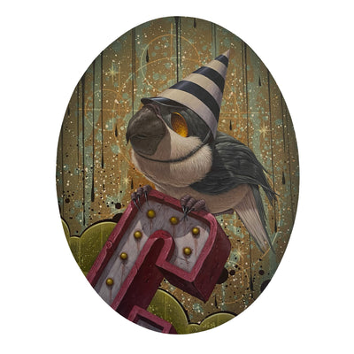 Painting on oval shaped panel of a bird with a striped cone shaped party hat. It sits atop a large 3D letter "C" with strong outline and lightbulbs.