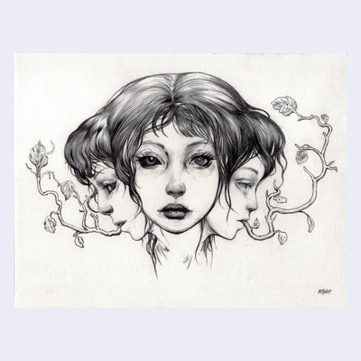 Graphite drawing of a girl's head looking straight forward, intensely. 2 faces come out the side of her neck, with branches coming out their mouth.