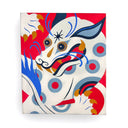 Painting on canvas of a stylized white wolf, with sharp yellow teeth and blue and red dotting. Its body is contorted.